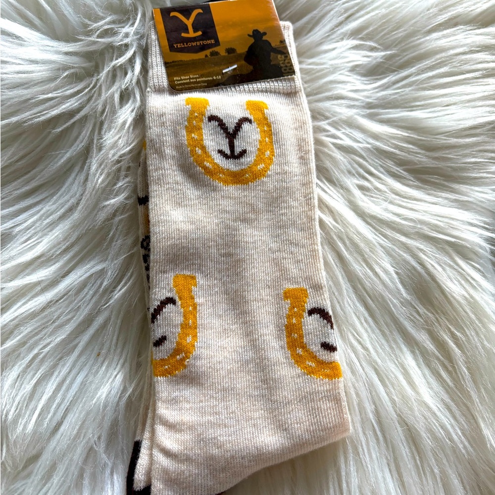 Yellowstone brand theme Cream Socks with Yellow Horseshoe Design new